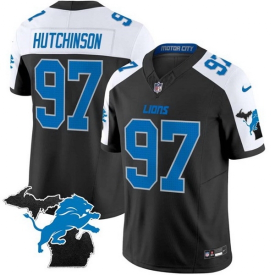 Men Detroit Lions 97 Aidan Hutchinson Black White F U S E 2024 Michigan Patch Vapor Limited Stitched Jersey Men Detroit Lions 97 Aidan Hutchinson Black White F U S E 2024 Michigan Patch Vapor Limited Stitched Jersey