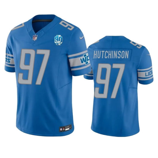 Men Detroit Lions 97 Aidan Hutchinson Blue 2023 F U S E 90th Anniversary Vapor Untouchable Limited Stitched Jersey Men Detroit Lions 97 Aidan Hutchinson Blue 2023 F U S E 90th Anniversary Vapor Untouchable Limited Stitched Jersey