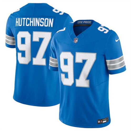 Men Detroit Lions 97 Aidan Hutchinson Blue 2024 F U S E Vapor Limited Stitched Jersey Men Detroit Lions 97 Aidan Hutchinson Blue 2024 F U S E Vapor Limited Stitched Jersey