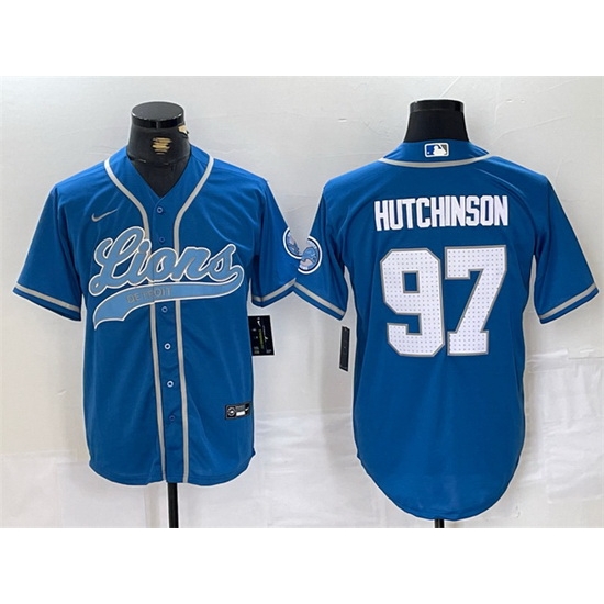 Men Detroit Lions 97 Aidan Hutchinson Blue Cool Base Stitched Baseball Jersey Men Detroit Lions 97 Aidan Hutchinson Blue Cool Base Stitched Baseball Jersey