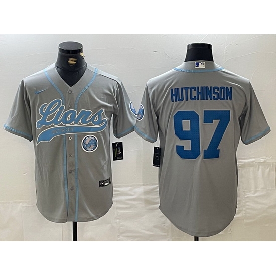 Men Detroit Lions 97 Aidan Hutchinson Grey Cool Base Stitched Baseball Jersey 2 Men Detroit Lions 97 Aidan Hutchinson Grey Cool Base Stitched Baseball Jersey 2