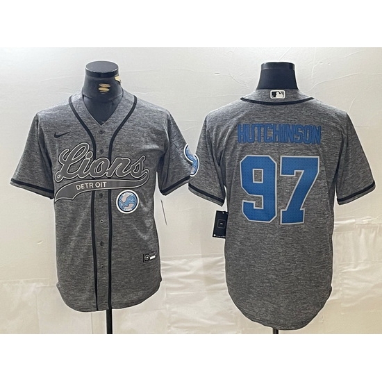 Men Detroit Lions 97 Aidan Hutchinson Grey Cool Base Stitched Baseball Jersey 3 Men Detroit Lions 97 Aidan Hutchinson Grey Cool Base Stitched Baseball Jersey 3