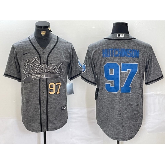 Men Detroit Lions 97 Aidan Hutchinson Grey Cool Base Stitched Baseball JerseyS 1 Men Detroit Lions 97 Aidan Hutchinson Grey Cool Base Stitched Baseball JerseyS 1