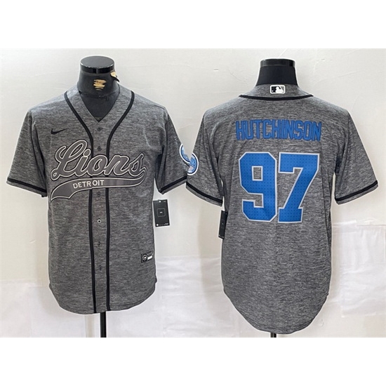 Men Detroit Lions 97 Aidan Hutchinson Grey Cool Base Stitched Baseball JerseyS Men Detroit Lions 97 Aidan Hutchinson Grey Cool Base Stitched Baseball JerseyS