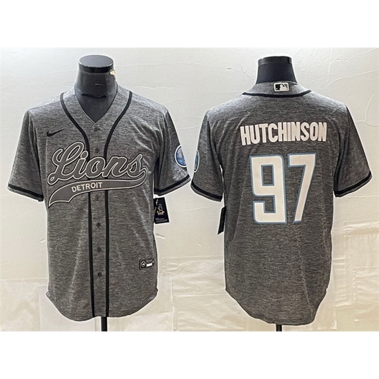 Men Detroit Lions 97 Aidan Hutchinson Grey Cool Base Stitched Baseball Jersey Men Detroit Lions 97 Aidan Hutchinson Grey Cool Base Stitched Baseball Jersey