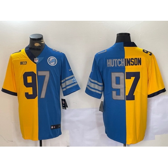 Men Detroit Lions 97 Aidan Hutchinson Yellow Blue Split Vapor Limited Stitched Jersey 1 Men Detroit Lions 97 Aidan Hutchinson Yellow Blue Split Vapor Limited Stitched Jersey 1
