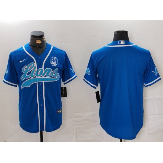 Men Detroit Lions Blank Blue With 90th Anniversary Patch Cool Base Stitched Baseball Jersey Men Detroit Lions Blank Blue With 90th Anniversary Patch Cool Base Stitched Baseball Jersey