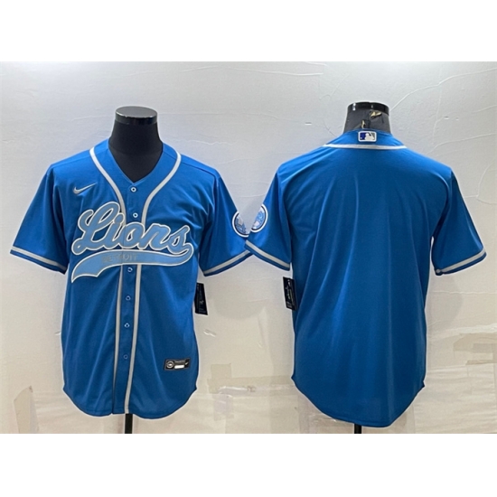 Men Detroit Lions Blank Blue With Patch Cool Base Stitched Baseball Jersey Men Detroit Lions Blank Blue With Patch Cool Base Stitched Baseball Jersey