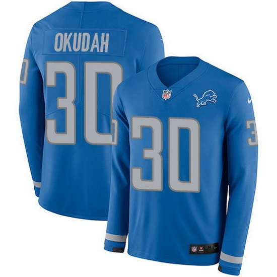 Nike Lions 30 Jeff Okudah Blue Team Color Men Stitched NFL Limited Therma Long Sleeve Jersey Nike Lions 30 Jeff Okudah Blue Team Color Men Stitched NFL Limited Therma Long Sleeve Jersey