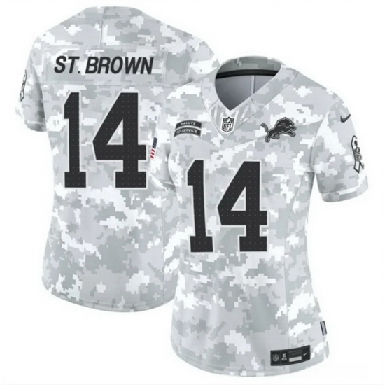 Women Detroit Lions 14 Amon Ra St Brown 2024 F U S E Arctic Camo Salute To Service Limited Stitched Jersey Women Detroit Lions 14 Amon Ra St Brown 2024 F U S E Arctic Camo Salute To Service Limited Stitched Jersey