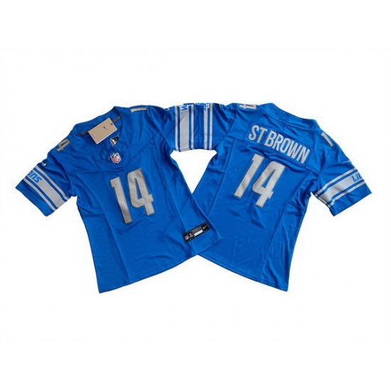 Women Detroit Lions 14 Amon Ra St  Brown Blue 2023 F U S E  Vapor Limited Stitched Football Jersey 