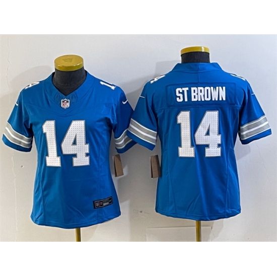 Women Detroit Lions 14 Amon Ra St Brown Blue 2024 F U S E Vapor Limited Stitched Jersey Women Detroit Lions 14 Amon Ra St Brown Blue 2024 F U S E Vapor Limited Stitched Jersey