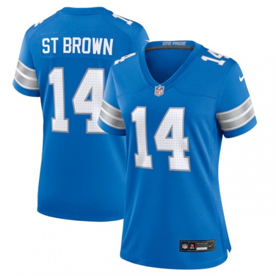 Women Detroit Lions 14 Amon Ra St Brown Blue Stitched Jersey Women Detroit Lions 14 Amon Ra St Brown Blue Stitched Jersey