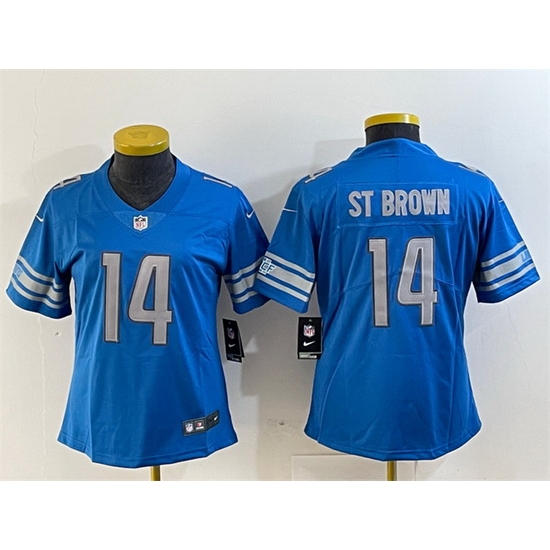 Women Detroit Lions 14 Amon Ra St Brown Blue Vapor Limited Stitched Football Jersey Women Detroit Lions 14 Amon Ra St Brown Blue Vapor Limited Stitched Football Jersey