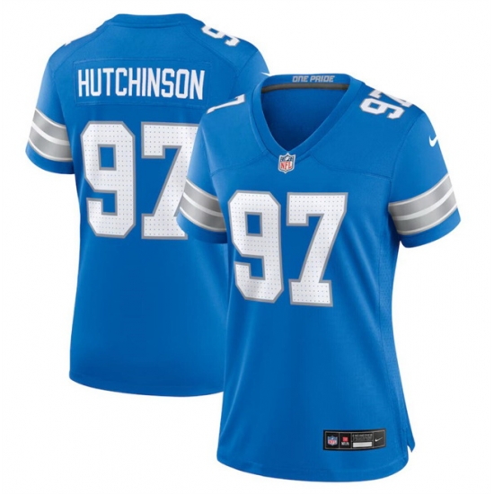 Women Detroit Lions 97 Aidan Hutchinson Blue Stitched Jersey Women Detroit Lions 97 Aidan Hutchinson Blue Stitched Jersey