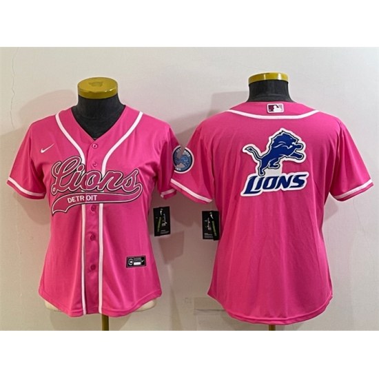 Women Detroit Lions Pink Team Big Logo With Patch Cool Base Stitched Baseball Jersey Women Detroit Lions Pink Team Big Logo With Patch Cool Base Stitched Baseball Jersey