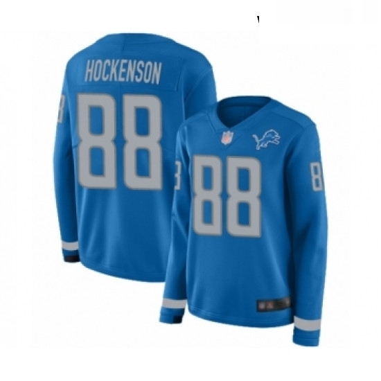 Womens Detroit Lions 88 TJ Hockenson Limited Blue Therma Long Sleeve Football Jersey Womens Detroit Lions 88 TJ Hockenson Limited Blue Therma Long Sleeve Football Jersey