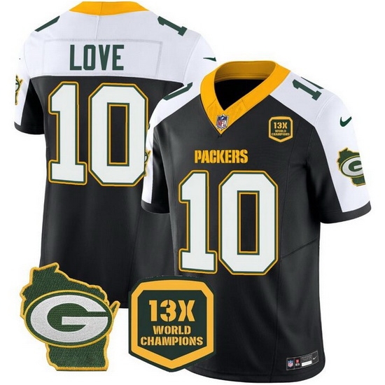 Men Green Bay Packers 10 Jordan Love Black White 2023 F U S E Home Patch 13 Time World Champions Vapor Untouchable Limited Stitched Jersey Men Green Bay Packers 10 Jordan Love Black White 2023 F U S E Home Patch 13 Time World Champions Vapor Untouchable Limited Stitched Jersey