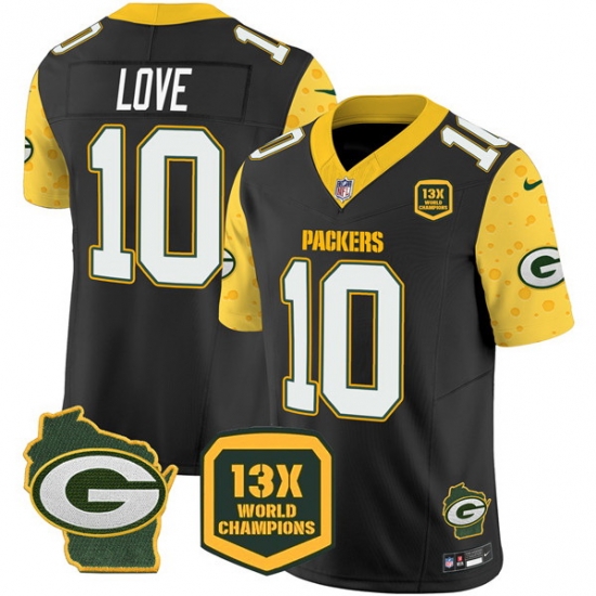 Men Green Bay Packers 10 Jordan Love Cheese Black 2024 F U S E 13 Time World Champions And Home Patch Vapor Untouchable Limited Stitched Football Jersey Men Green Bay Packers 10 Jordan Love Cheese Black 2024 F U S E 13 Time World Champions And Home Patch Vapor Untouchable Limited Stitched Football Jersey