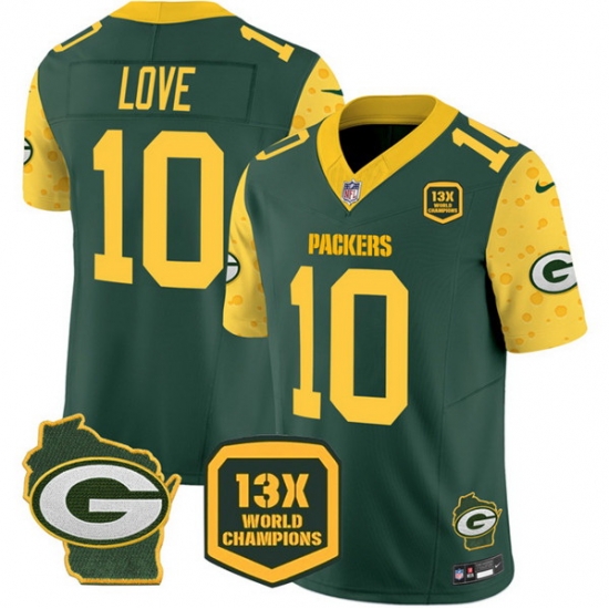 Men Green Bay Packers 10 Jordan Love Cheese Green 2024 F U S E 13 Time World Champions And Home Patch Vapor Untouchable Limited Stitched Football Jersey Men Green Bay Packers 10 Jordan Love Cheese Green 2024 F U S E 13 Time World Champions And Home Patch Vapor Untouchable Limited Stitched Football Jersey