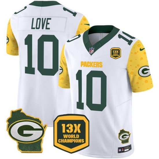 Men Green Bay Packers 10 Jordan Love Cheese White 2024 F U S E 13 Time World Champions And Home Patch Vapor Untouchable Limited Stitched Football Jersey Men Green Bay Packers 10 Jordan Love Cheese White 2024 F U S E 13 Time World Champions And Home Patch Vapor Untouchable Limited Stitched Football Jersey