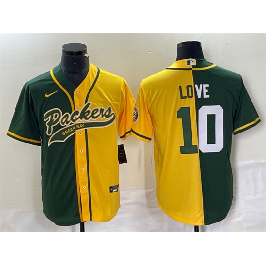 Men Green Bay Packers 10 Jordan Love Green Gold Split Cool Base Stitched Baseball Jersey Men Green Bay Packers 10 Jordan Love Green Gold Split Cool Base Stitched Baseball Jersey