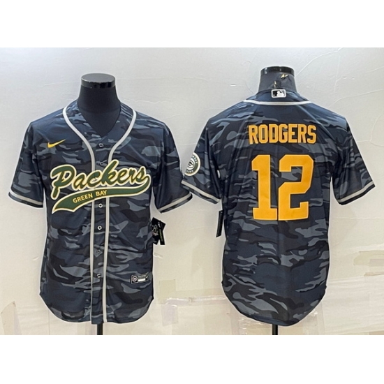 Men Green Bay Packers 12 Aaron Rodgers Grey Gold Camo With Patch Cool Base Stitched Baseball Jersey Men Green Bay Packers 12 Aaron Rodgers Grey Gold Camo With Patch Cool Base Stitched Baseball Jersey