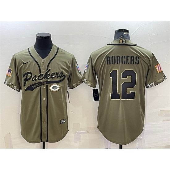 Men Green Bay Packers 12 Aaron Rodgers Olive 2022 Salute To Service Cool Base Stitched Baseball Jersey Men Green Bay Packers 12 Aaron Rodgers Olive 2022 Salute To Service Cool Base Stitched Baseball Jersey