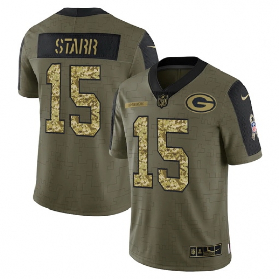 Men Green Bay Packers 15 Bart Starr 2021 Salute To Service Olive Camo Limited Stitched Jersey Men Green Bay Packers 15 Bart Starr 2021 Salute To Service Olive Camo Limited Stitched Jersey
