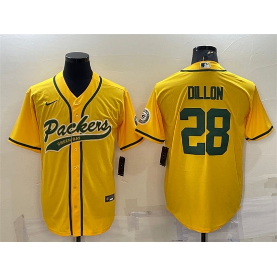 Men Green Bay Packers 28 A J Dillon Gold With Patch Cool Base Stitched Baseball Jersey Men Green Bay Packers 28 A J Dillon Gold With Patch Cool Base Stitched Baseball Jersey