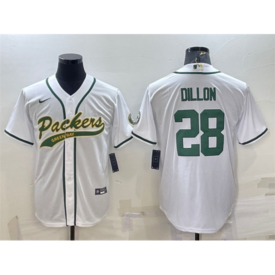 Men Green Bay Packers 28 A J Dillon White With Patch Cool Base Stitched Baseball Jersey Men Green Bay Packers 28 A J Dillon White With Patch Cool Base Stitched Baseball Jersey