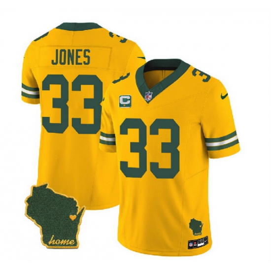 Men Green Bay Packers 33 Aaron Jones Gold 2023 F U S E Home Patch And 1 Star C Patch Vapor Untouchable Limited Stitched Jersey Men Green Bay Packers 33 Aaron Jones Gold 2023 F U S E Home Patch And 1 Star C Patch Vapor Untouchable Limited Stitched Jersey