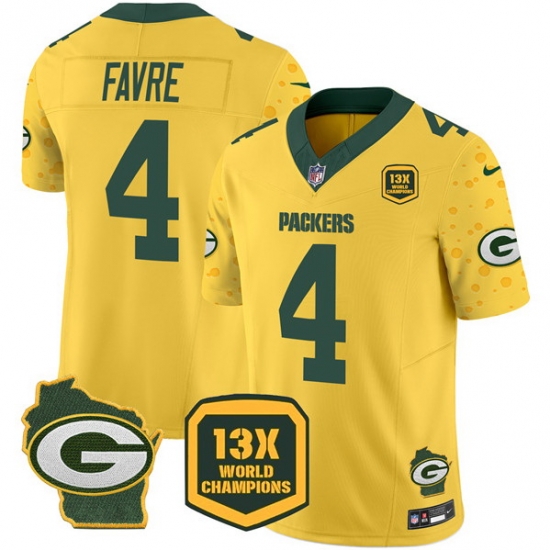 Men Green Bay Packers 4 Brett Favre Cheese Gold 2024 F U S E 13 Time World Champions And Home Patch Vapor Untouchable Limited Stitched Football Jersey Men Green Bay Packers 4 Brett Favre Cheese Gold 2024 F U S E 13 Time World Champions And Home Patch Vapor Untouchable Limited Stitched Football Jersey
