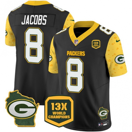 Men Green Bay Packers 8 Josh Jacobs Cheese Black 2024 F U S E 13 Time World Champions And Home Patch Vapor Untouchable Limited Stitched Football Jersey Men Green Bay Packers 8 Josh Jacobs Cheese Black 2024 F U S E 13 Time World Champions And Home Patch Vapor Untouchable Limited Stitched Football Jersey