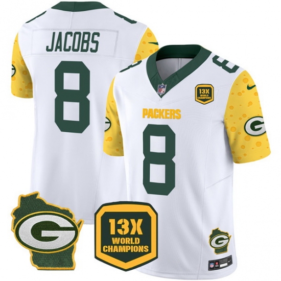 Men Green Bay Packers 8 Josh Jacobs Cheese White 2024 F U S E 13 Time World Champions And Home Patch Vapor Untouchable Limited Stitched Football Jersey Men Green Bay Packers 8 Josh Jacobs Cheese White 2024 F U S E 13 Time World Champions And Home Patch Vapor Untouchable Limited Stitched Football Jersey