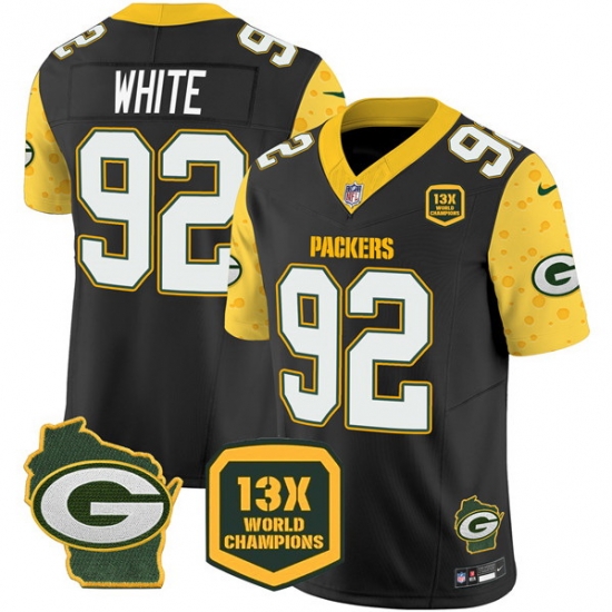 Men Green Bay Packers 92 Reggie White Cheese Black 2024 F U S E 13 Time World Champions And Home Patch Vapor Untouchable Limited Stitched Football Jersey Men Green Bay Packers 92 Reggie White Cheese Black 2024 F U S E 13 Time World Champions And Home Patch Vapor Untouchable Limited Stitched Football Jersey