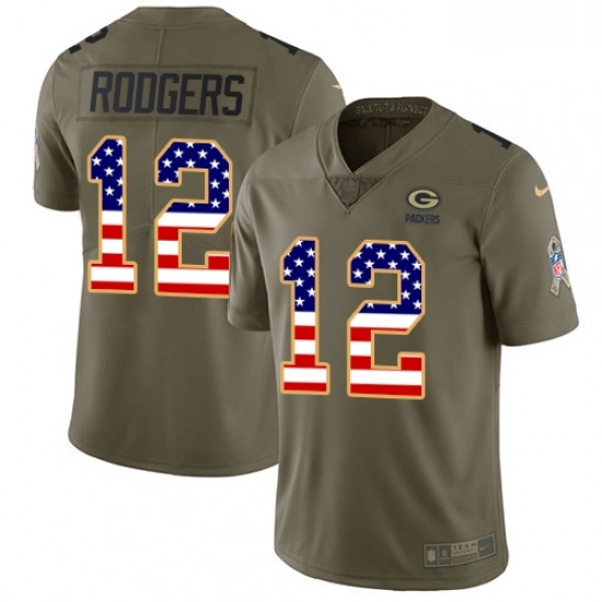 Men Nike Green Bay Packers 12 Aaron Rodgers Limited OliveUSA Flag 2017 Salute to Service NFL Jersey