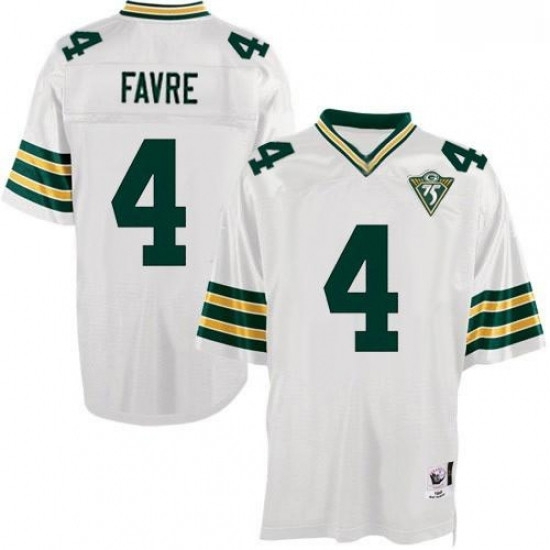 Mitchell and Ness Green Bay Packers 4 Brett Favre Authentic White With 75th Patch Throwback NFL Jersey Mitchell and Ness Green Bay Packers 4 Brett Favre Authentic White With 75th Patch Throwback NFL Jersey