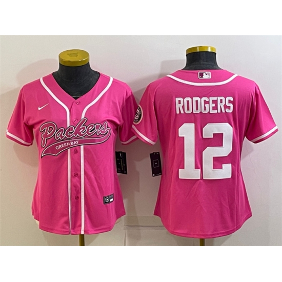 Women Green Bay Packers 12 Aaron Rodgers Pink With Patch Cool Base Stitched Baseball Jersey Women Green Bay Packers 12 Aaron Rodgers Pink With Patch Cool Base Stitched Baseball Jersey