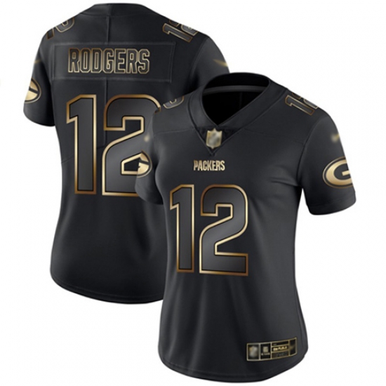 Women Packers 12 Aaron Rodgers Black Gold Stitched Football Vapor Untouchable Limited Jersey Women Packers 12 Aaron Rodgers Black Gold Stitched Football Vapor Untouchable Limited Jersey