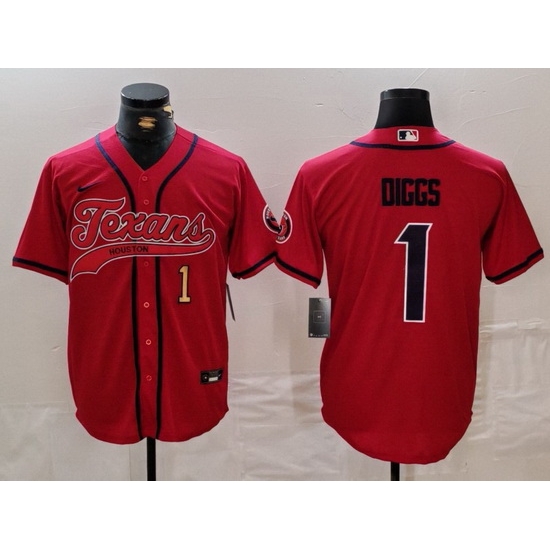 Men Houston Texans 1 Stefon Diggs Red With Patch Cool Base Stitched Baseball Jersey 1 Men Houston Texans 1 Stefon Diggs Red With Patch Cool Base Stitched Baseball Jersey 1