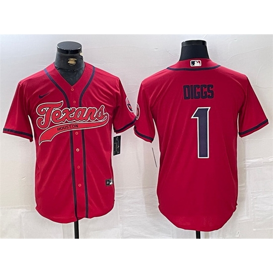 Men Houston Texans 1 Stefon Diggs Red With Patch Cool Base Stitched Baseball Jersey Men Houston Texans 1 Stefon Diggs Red With Patch Cool Base Stitched Baseball Jersey