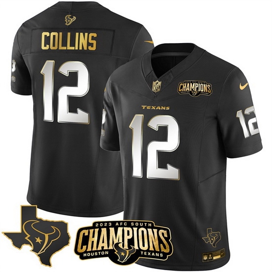 Men Houston Texans 12 Nico Collins Black Golden 2023 F U S E With AFC South Champions Patch And Team Logo Patch Limited Stitched Football Jersey Men Houston Texans 12 Nico Collins Black Golden 2023 F U S E With AFC South Champions Patch And Team Logo Patch Limited Stitched Football Jersey