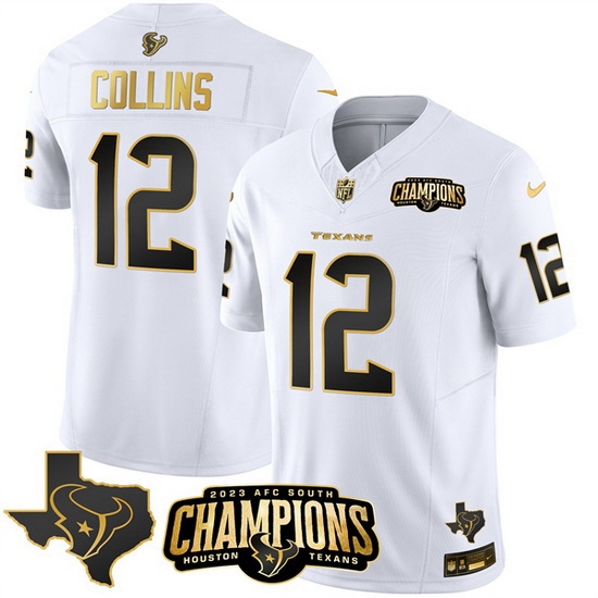 Men Houston Texans 12 Nico Collins White Golden 2023 F U S E With AFC South Champions Patch And Team Logo Patch Limited Stitched Football Jersey Men Houston Texans 12 Nico Collins White Golden 2023 F U S E With AFC South Champions Patch And Team Logo Patch Limited Stitched Football Jersey