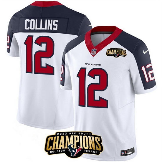 Men Houston Texans 12 Nico Collins White Navy 2023 F U S E AFC South Champions Patch Limited Stitched Football Jersey Men Houston Texans 12 Nico Collins White Navy 2023 F U S E AFC South Champions Patch Limited Stitched Football Jersey
