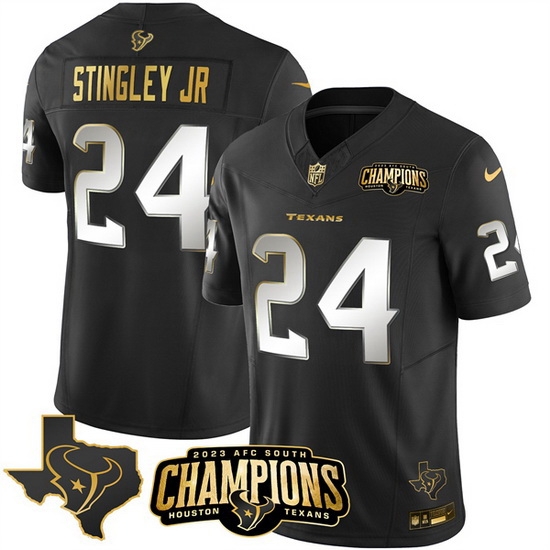 Men Houston Texans 24 Derek Stingley Jr Black Golden 2023 F U S E With AFC South Champions Patch And Team Logo Patch Limited Stitched Football Jersey Men Houston Texans 24 Derek Stingley Jr Black Golden 2023 F U S E With AFC South Champions Patch And Team Logo Patch Limited Stitched Football Jersey
