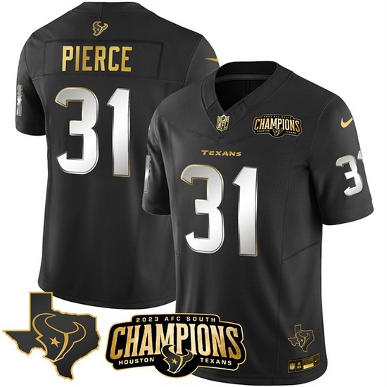 Men Houston Texans 31 Dameon Pierce Black Golden 2023 F U S E With AFC South Champions Patch And Team Logo Patch Limited Stitched Football Jersey Men Houston Texans 31 Dameon Pierce Black Golden 2023 F U S E With AFC South Champions Patch And Team Logo Patch Limited Stitched Football Jersey