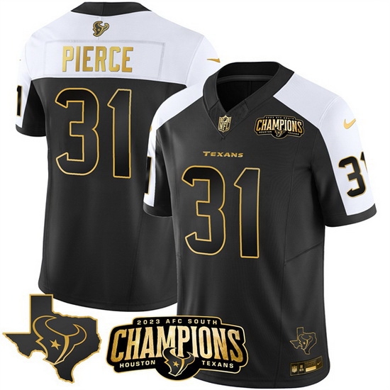 Men Houston Texans 31 Dameon Pierce Black White Golden 2023 F U S E With AFC South Champions Patch And Team Logo Patch Limited Stitched Football Jersey Men Houston Texans 31 Dameon Pierce Black White Golden 2023 F U S E With AFC South Champions Patch And Team Logo Patch Limited Stitched Football Jersey