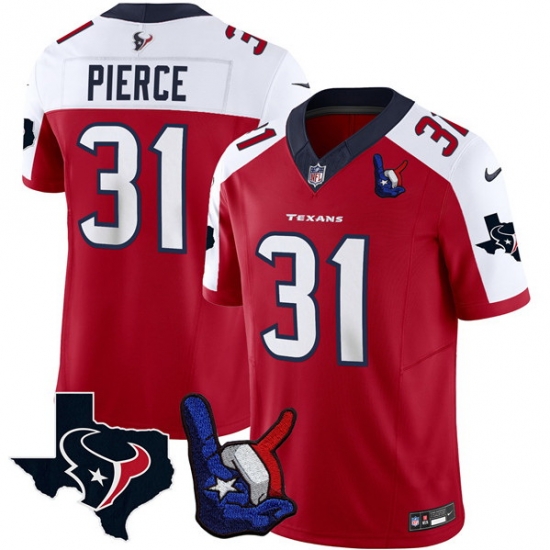 Men Houston Texans 31 Dameon Pierce Red White 2023 F U S E With Hand Sign Throwing Up The H Patch Vapor Untouchable Limited Stitched Football Jersey Men Houston Texans 31 Dameon Pierce Red White 2023 F U S E With Hand Sign Throwing Up The H Patch Vapor Untouchable Limited Stitched Football Jersey