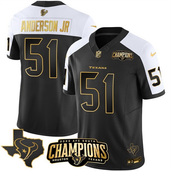 Men Houston Texans 51 Will Anderson Jr Black White Golden 2023 F U S E With AFC South Champions Patch And Team Logo Patch Limited Stitched Football Jerse Men Houston Texans 51 Will Anderson Jr Black White Golden 2023 F U S E With AFC South Champions Patch And Team Logo Patch Limited Stitched Football Jerse